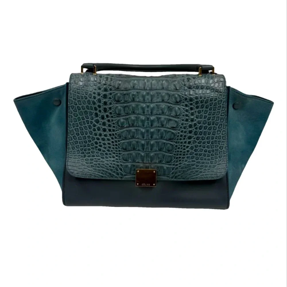 💎RARE GEM💎 Genuine CELINE Croc Embossed Trapèze Bag - RARE TEAL COLOR‼️ - Picture 3 of 15